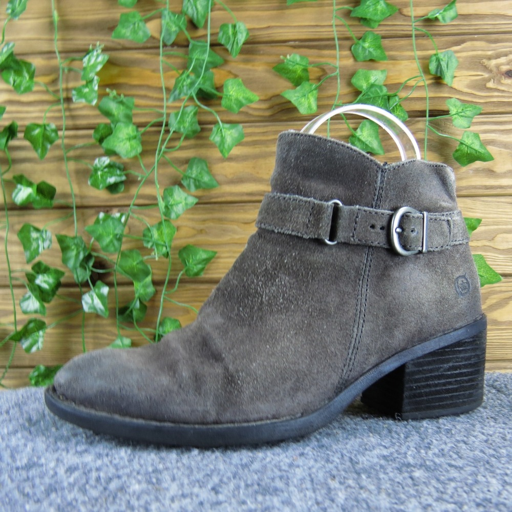 Born Gray Suede Leather Ankle Boots Womens 6.5M Buckle Accent Block Heel